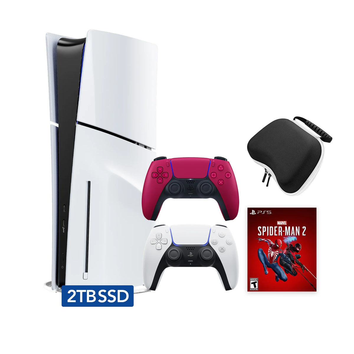 PlayStation 5 Slim Disc 2TB SSD Edition with Two Controllers White and Cosmic Red DualSense and Mytrix Hard Shell Protective Controller Case K64331
