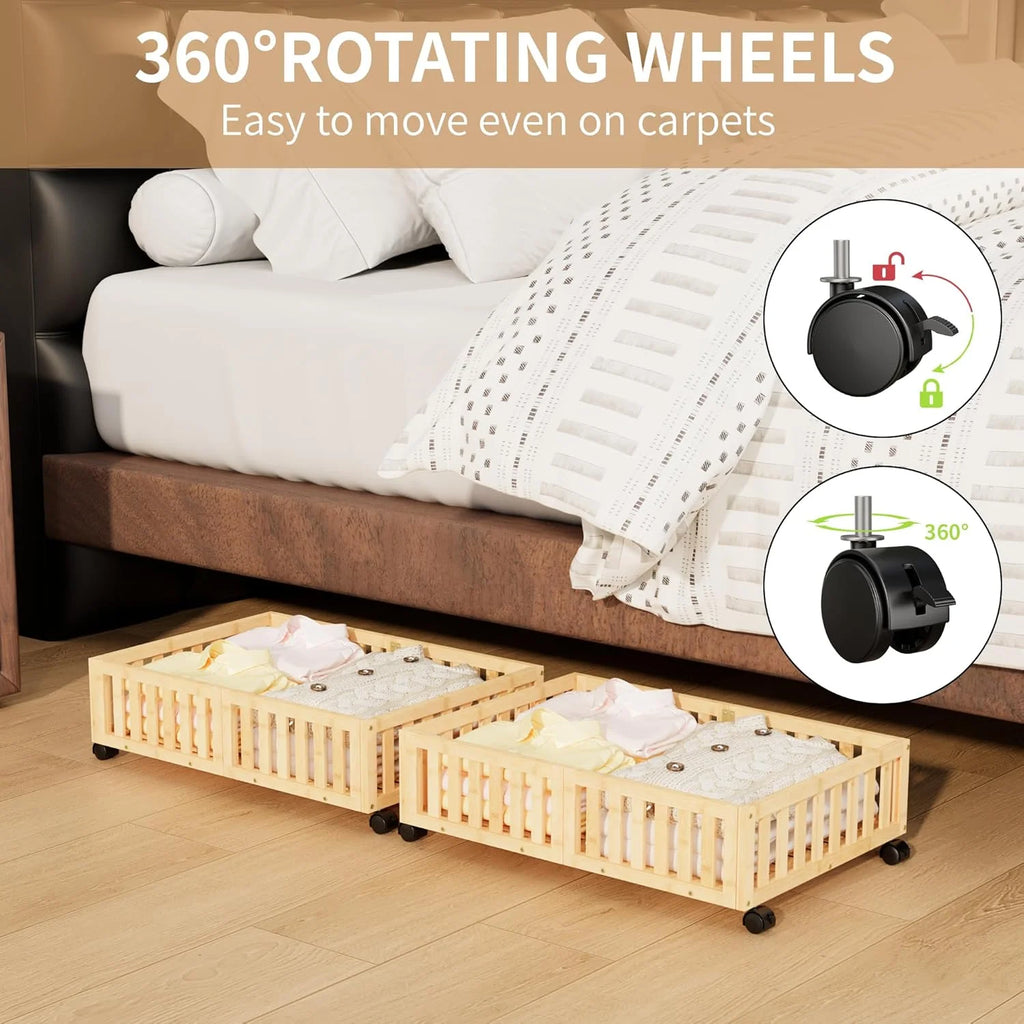 Bamboo Under Bed Storage with Wheels (2-Pack) Rolling Shoe Organizer Box G84870