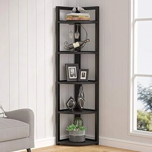 6 Tier 70.9 Inch Tall Corner Bookshelf Black V127