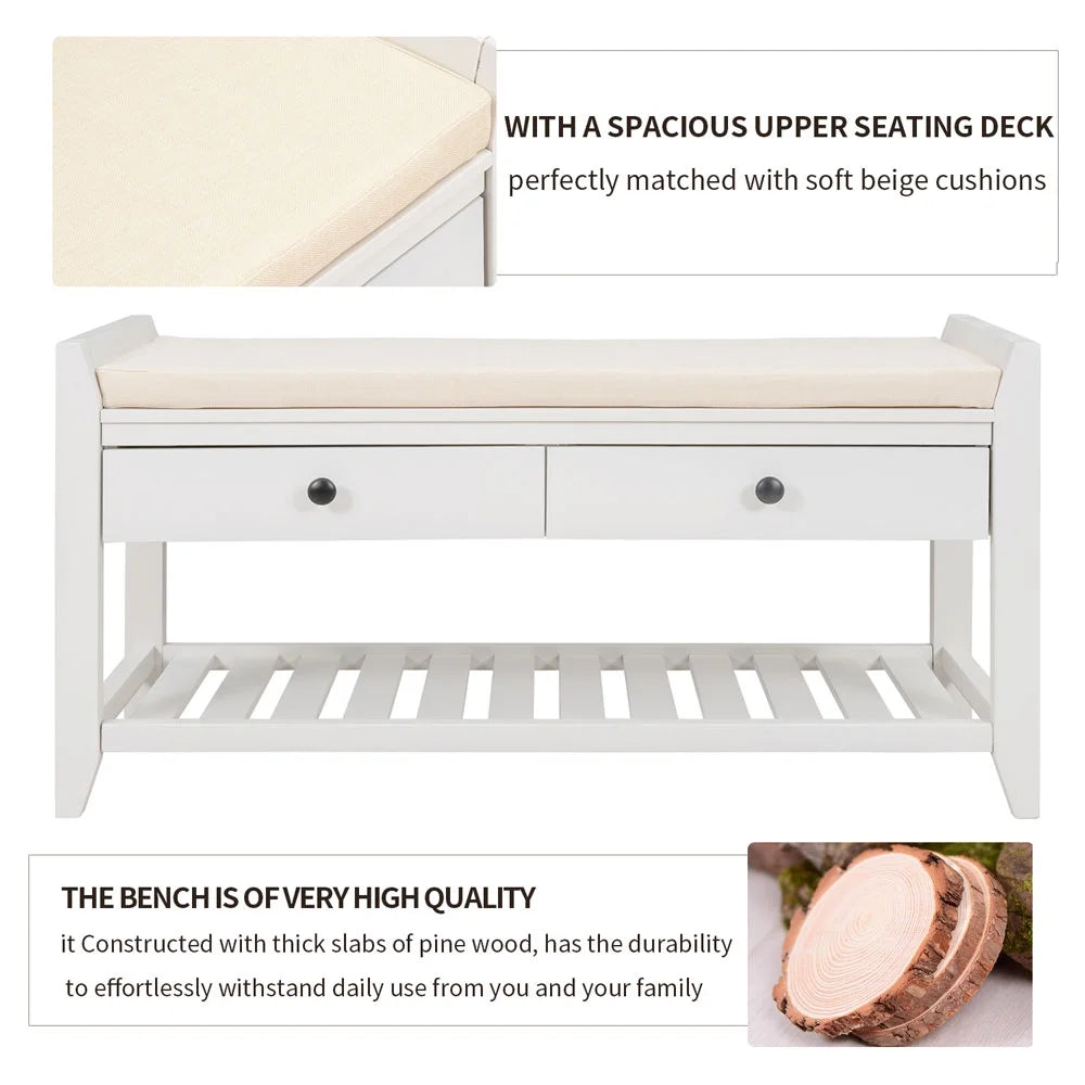 White Cushioned Seat Entryway Bench with 2 Drawers U7577