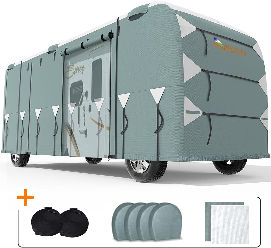 RV Cover, Extra-Thick 5 Layers Anti-UV Top Panel, Fits 30'-33' Motorhome, with 2Pcs Extra Straps & 4 Tire Covers B233