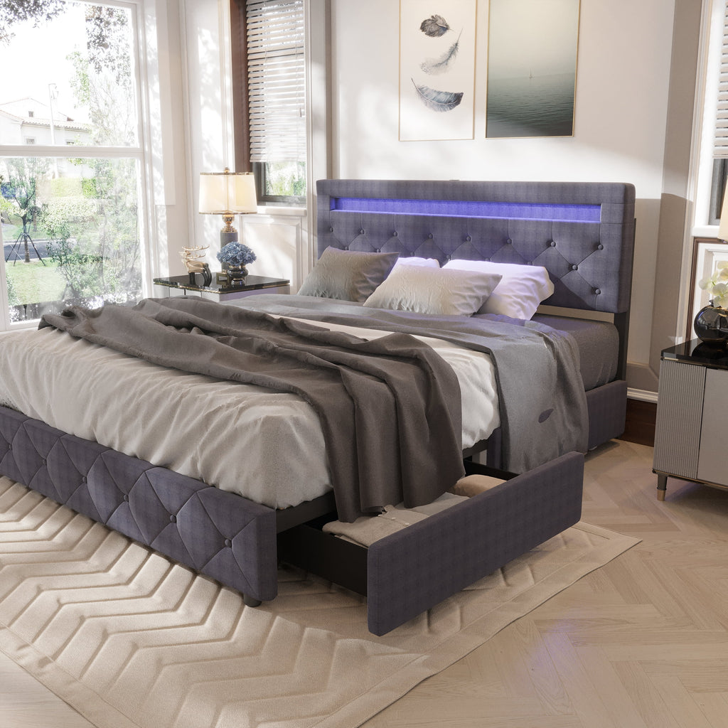 Full Size Upholstered Platform Bed Frame with LED Light Headboard L73725