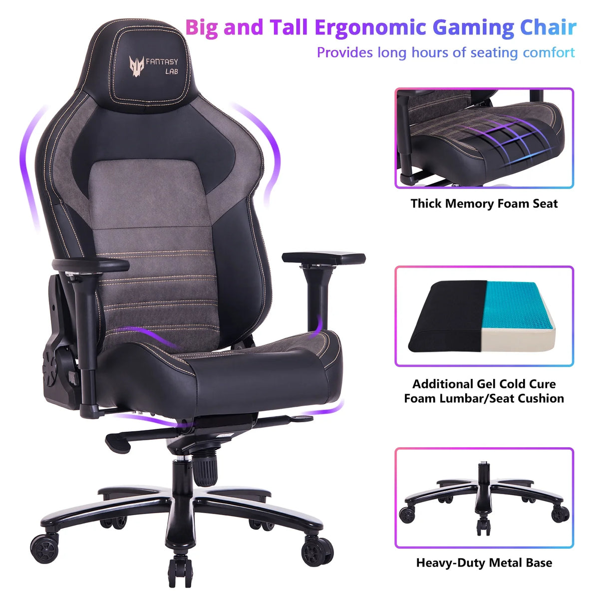 Big and Tall Black Gaming Chair with Gel Foam Lumbar 4D Arms Metal Base H757133