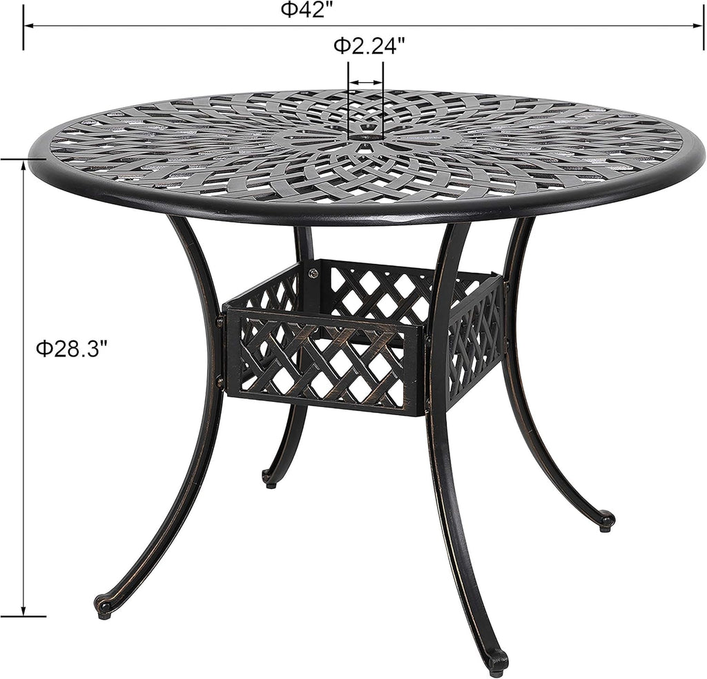 Black 42 Inch Round Cast Aluminum Patio Dining Table with Umbrella Hole G60086