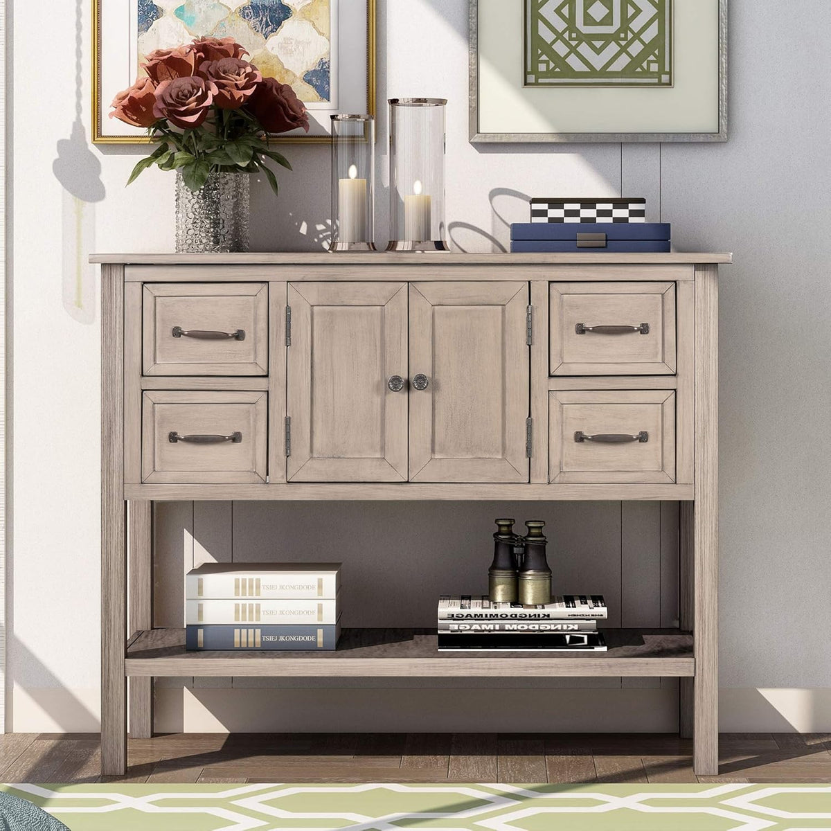 White Console Table with Doors Drawers and Bottom Open Shelf M367
