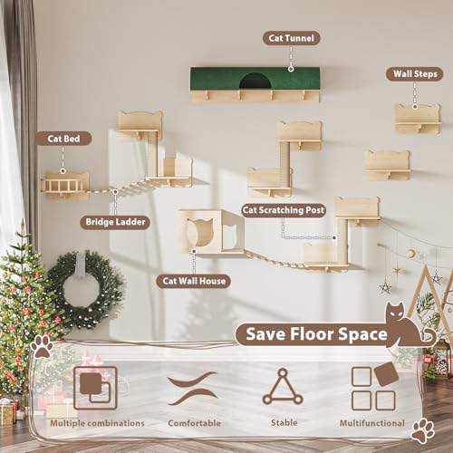 16 Pcs Wooden Cat Wall Shelves with Bed and Scratching Post W2223