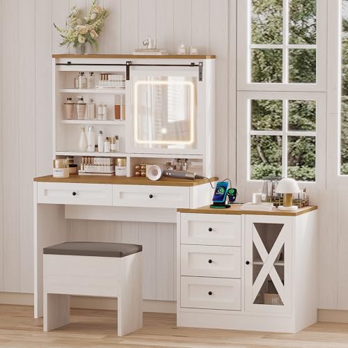 Vanity Desk with Sliding Lighted Mirror, Stool, 8 Storage Shelves, 5 Drawers, Charging Station Y6556