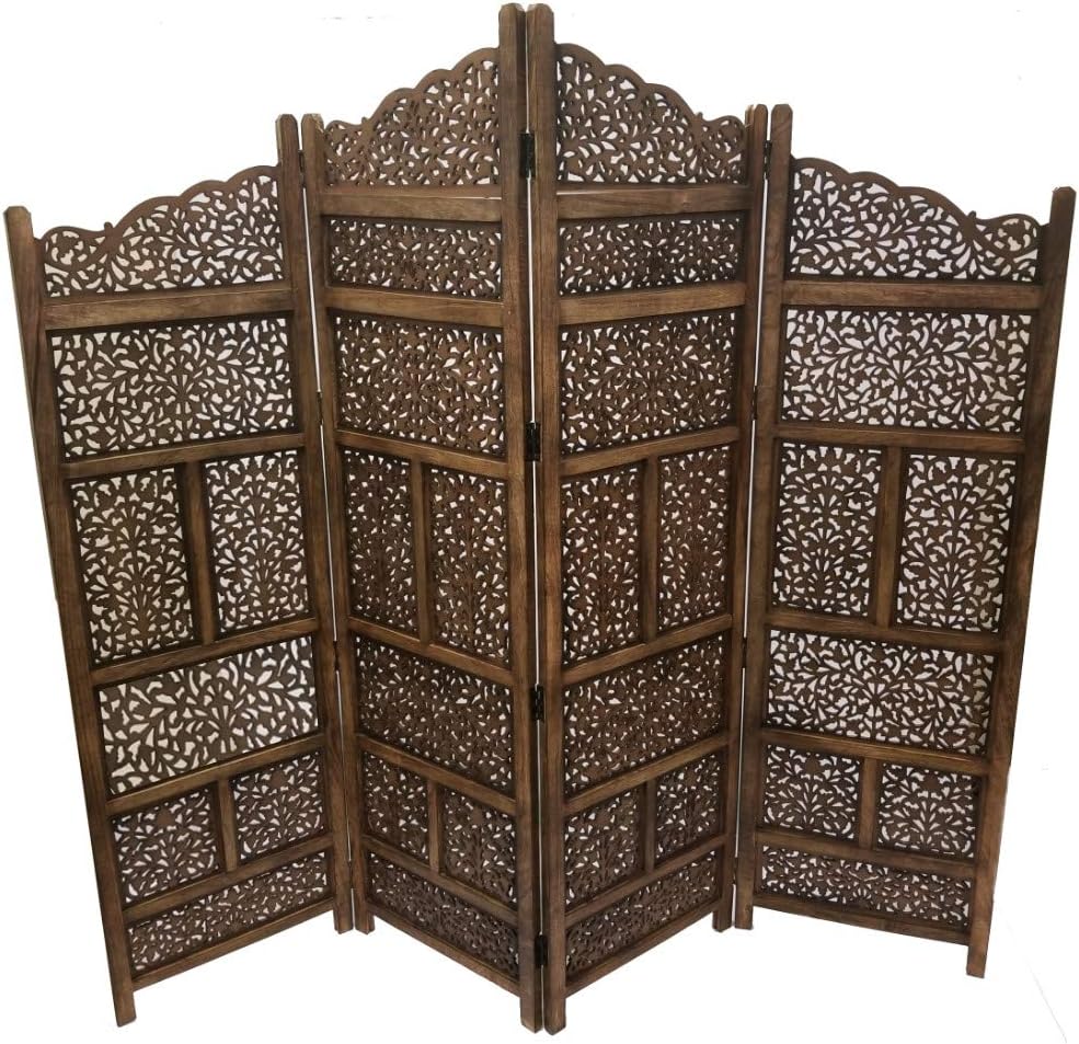 Hand Carved Foldable 4-Panel Wooden Room Divider L1342