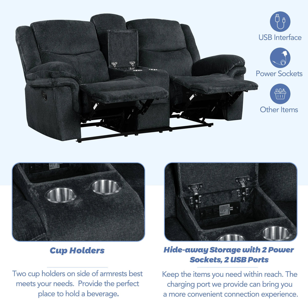 Dark Blue Manual Reclining Sofa with Storage W499641