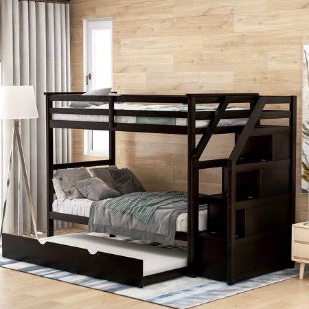 Espresso Twin-Over-Twin Bunk Bed with Trundle and 3 Storage Stairs L389