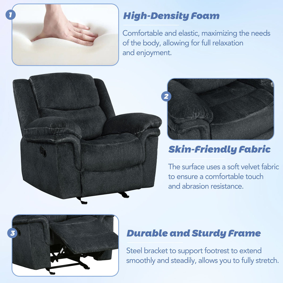 Dark Blue Manual Reclining Sofa with Storage O6886