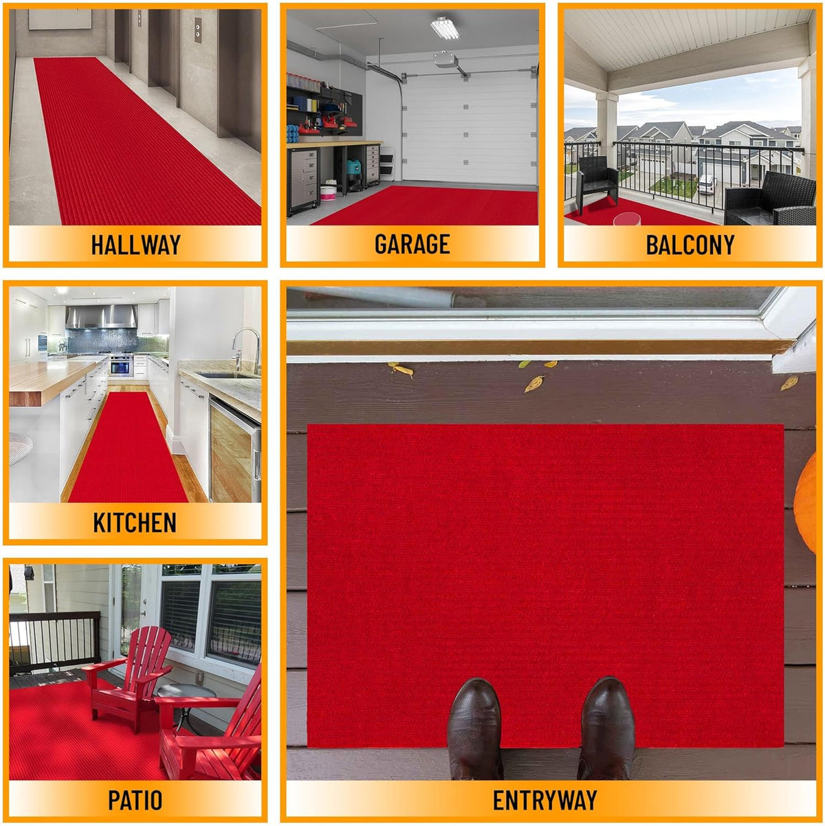 Non-Slip Rubberback 2x10 Indoor/Outdoor Runner Rug, 2' x 10', Red W24982