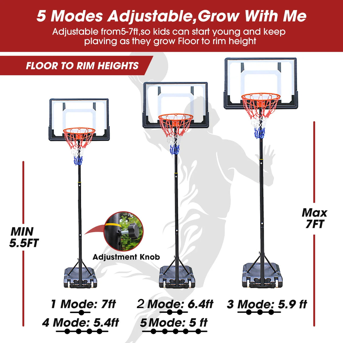 Basketball Hoop with 60''- 84'' Adjustable Height Portable with Stand & Backboard Wheels K92815