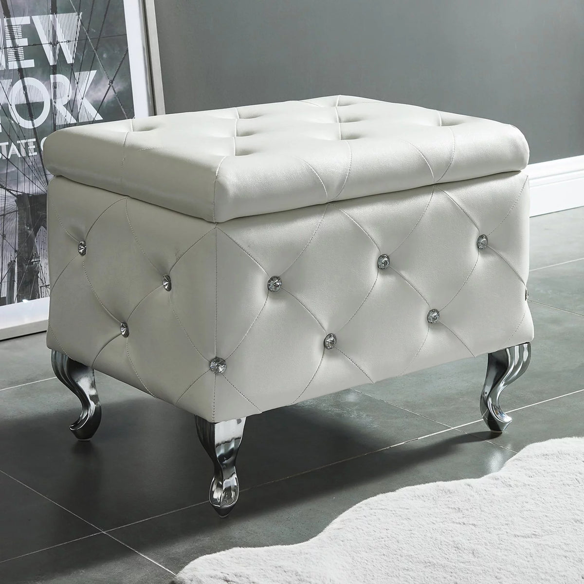 Faux Leather & Metal Square Storage Ottoman Y70118