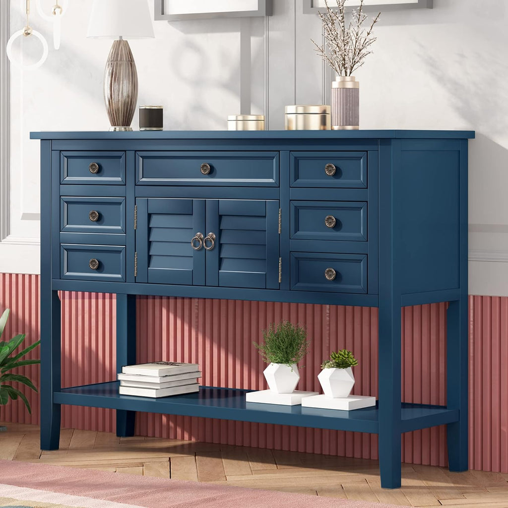 Red Wood Console Table with 7 Drawers and 1 Cabinet N35533