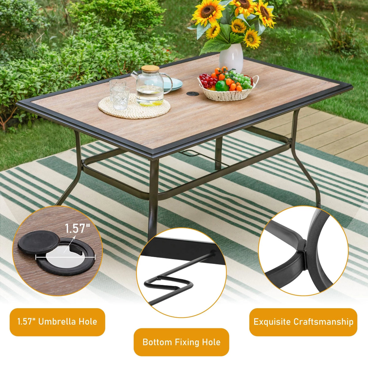 Outdoor Patio Dining Table for 6 Metal Frame Wood-Look Top Q230853