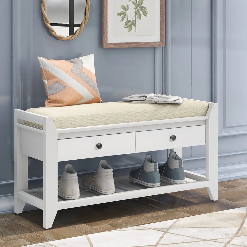 White Cushioned Seat Entryway Bench with 2 Drawers U7577