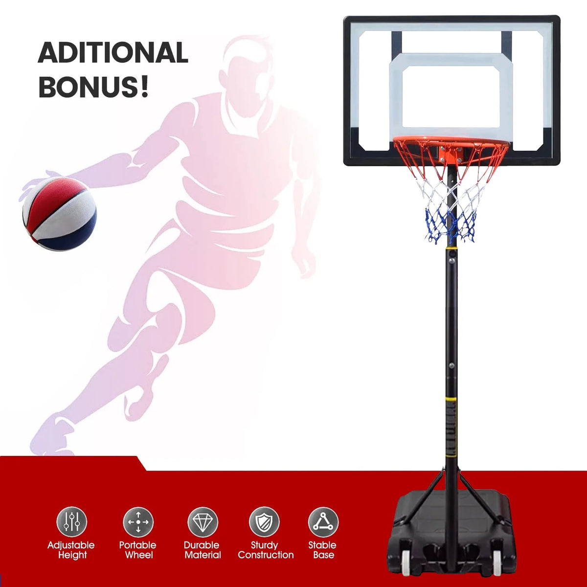 Basketball Hoop with 60''- 84'' Adjustable Height Portable with Stand & Backboard Wheels K92815
