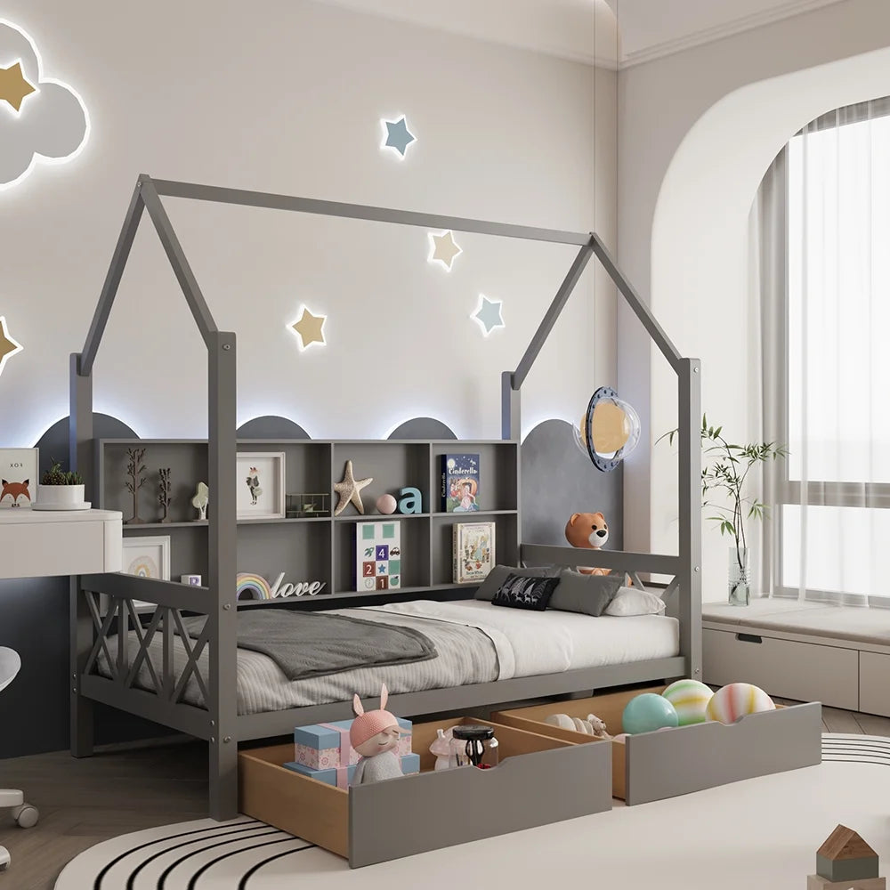 Twin House Bed with Trundle and Storage Shelve I340
