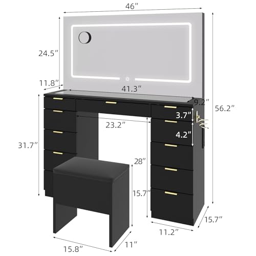 Vanity Desk with Sliding Lighted Mirror, Stool, 8 Storage Shelves, 5 Drawers, Charging Station Y6556