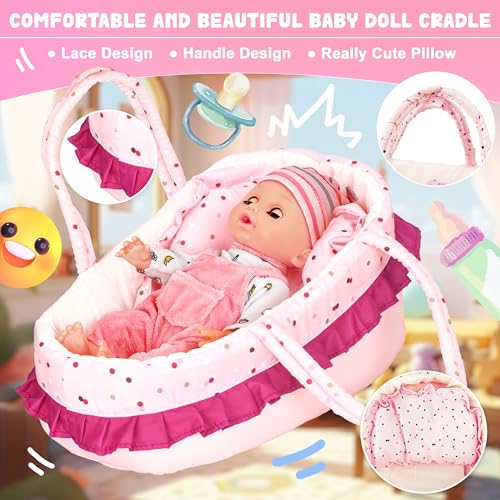14 Inch Doll Playset with Carrier Bassinet Bed, Feeding Set, Doll Clothes C602716