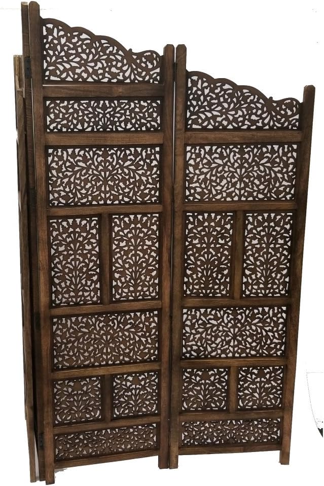 Hand Carved Foldable 4-Panel Wooden Room Divider U360