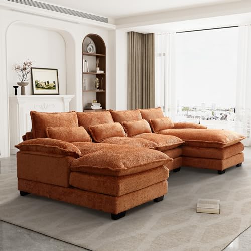 U Shape Sectional Sofa, 110" Upholstery Modular Sofa, 4 Seat Chenille Sleeper Sofa with Double Chaise, Orange Q6210