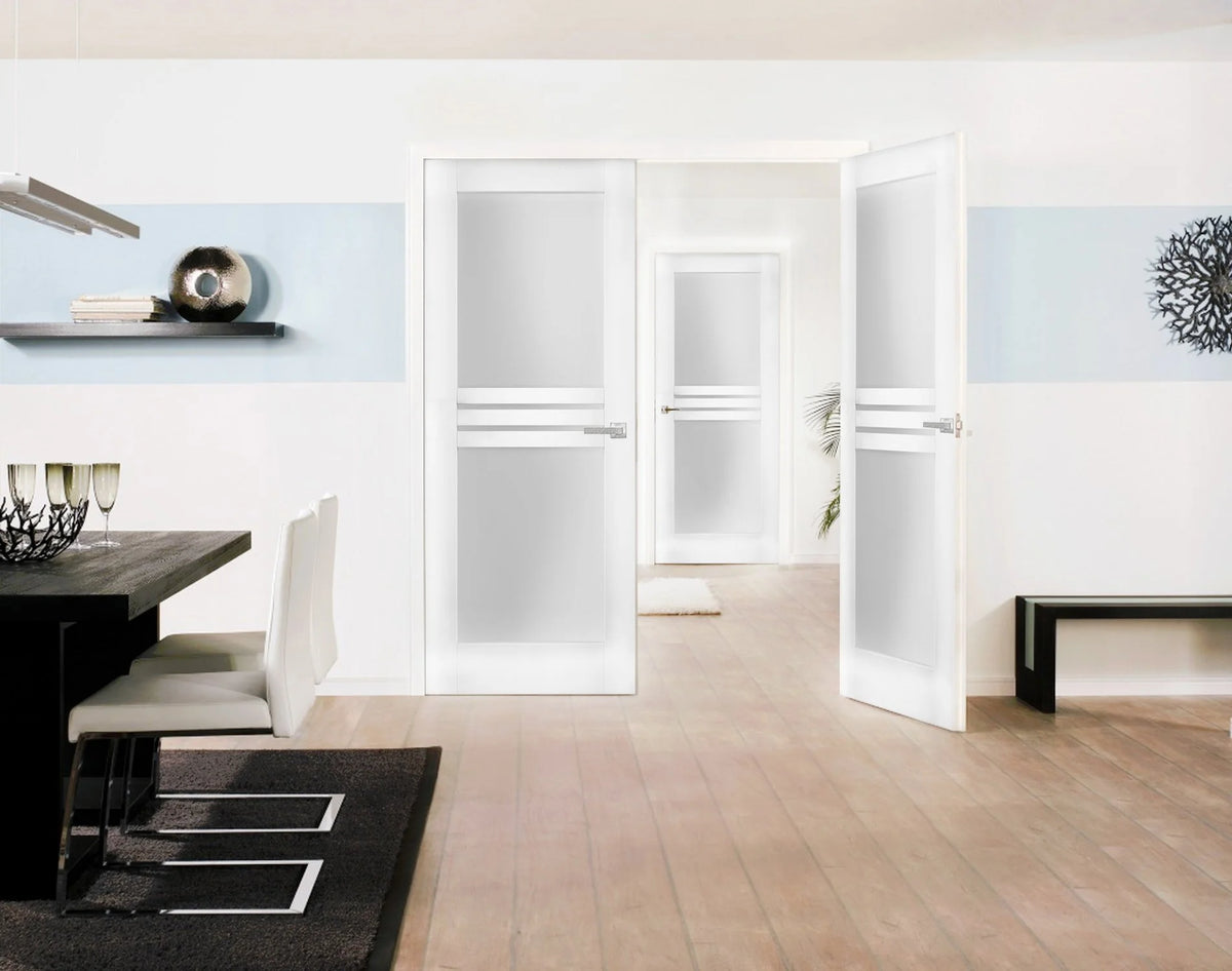 Solid French Double Doors 56 x 84 inches Opaque Glass 4 Lites White Silk Wood Solid Panel Frame X351876