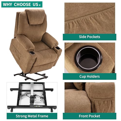 Light Brown Fabric Power Lift Recliner Chair with Heat and Massage A73928