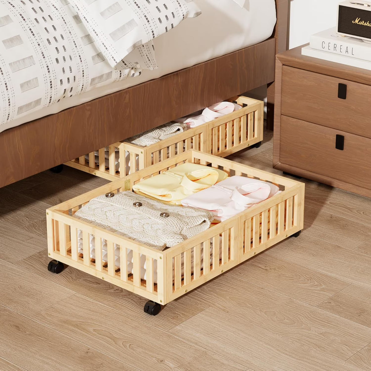 Bamboo Under Bed Storage with Wheels (2-Pack) Rolling Shoe Organizer Box G84870