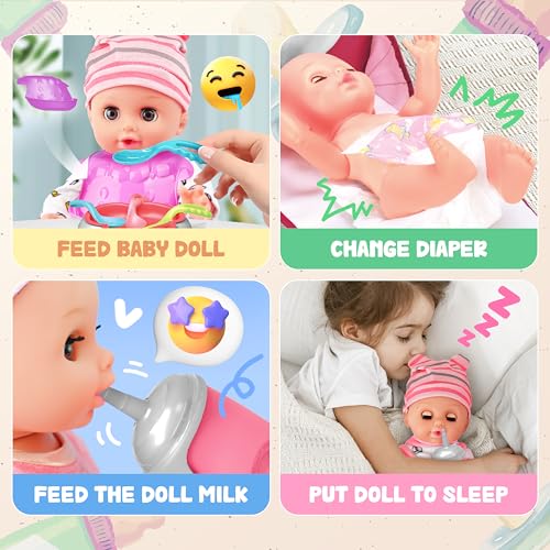 14 Inch Doll Playset with Carrier Bassinet Bed, Feeding Set, Doll Clothes C602716