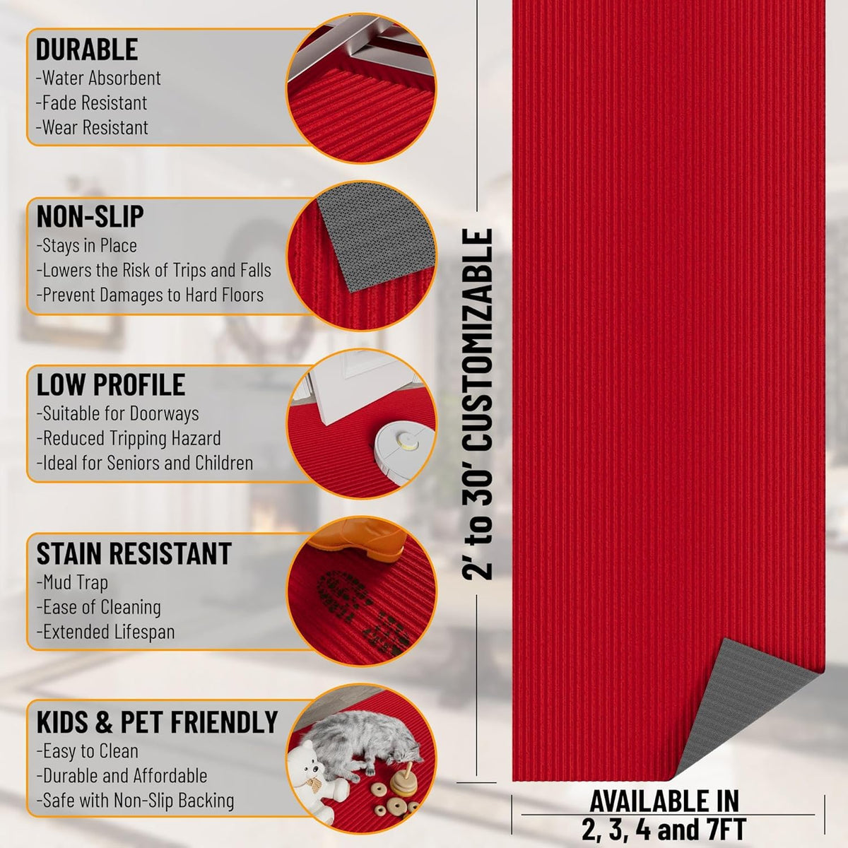 Non-Slip Rubberback 2x10 Indoor/Outdoor Runner Rug, 2' x 10', Red P100372
