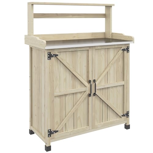 Gray Wooden Potting Table with 2 Door Cabinets and Galvanized Table Top S297