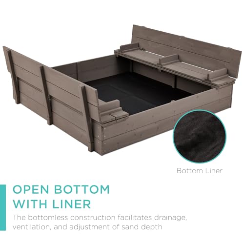 Kids' Outdoor Wooden Sandbox with Foldable Bench Seats X353858
