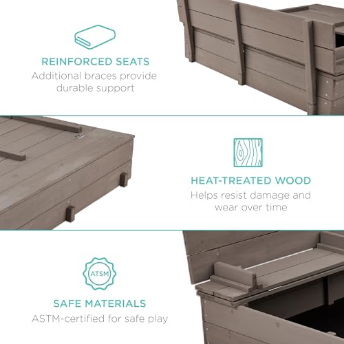 Kids' Outdoor Wooden Sandbox with Foldable Bench Seats Q215712
