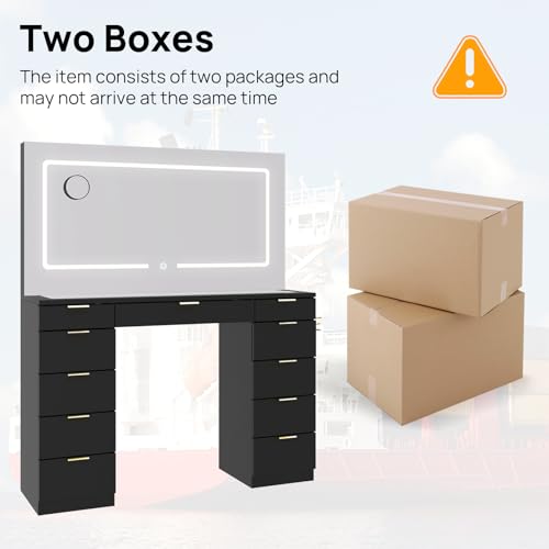 Vanity Desk with Sliding Lighted Mirror, Stool, 8 Storage Shelves, 5 Drawers, Charging Station Y6556