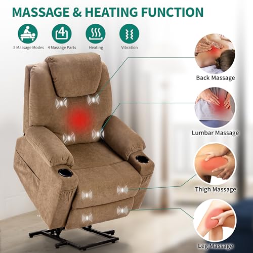 Light Brown Fabric Power Lift Recliner Chair with Heat and Massage W16581