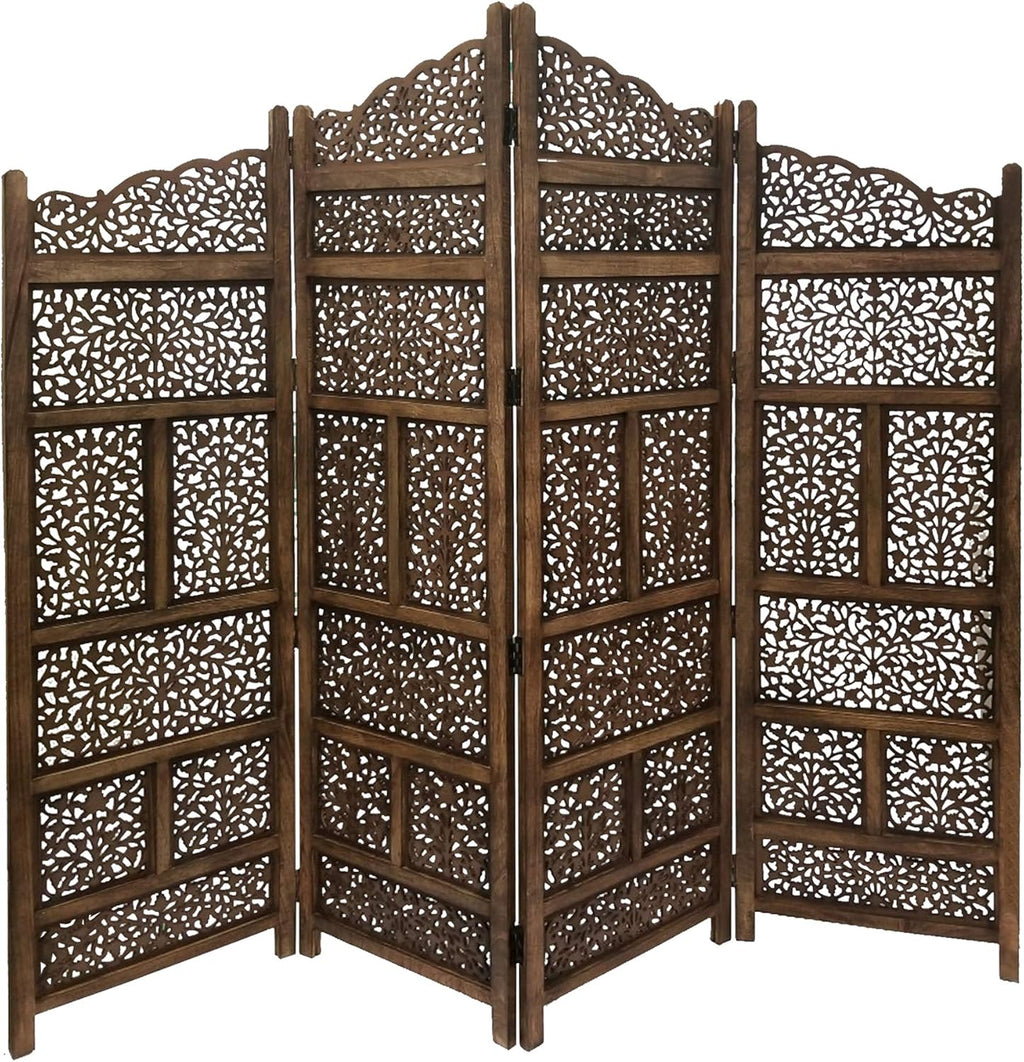 Hand Carved Foldable 4-Panel Wooden Room Divider L1342