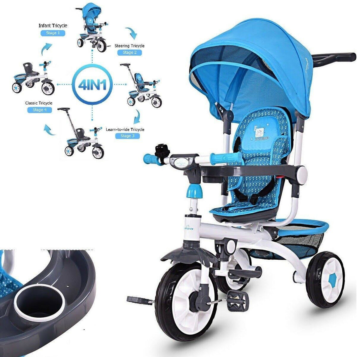 4-in-1 Detachable Baby Stroller Tricycle with Canopy T685