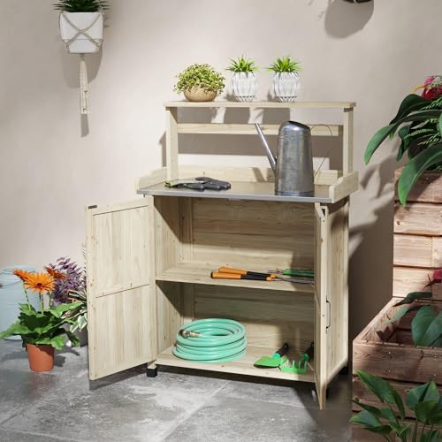 Gray Wooden Potting Table with 2 Door Cabinets and Galvanized Table Top S1607