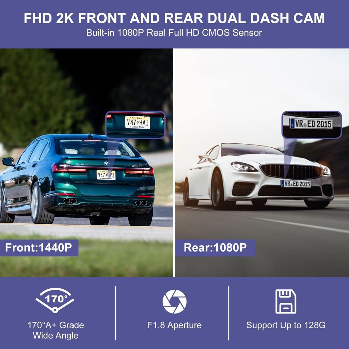 2K 1440P Front and Rear Dash Cam with WiFi GPS B5523