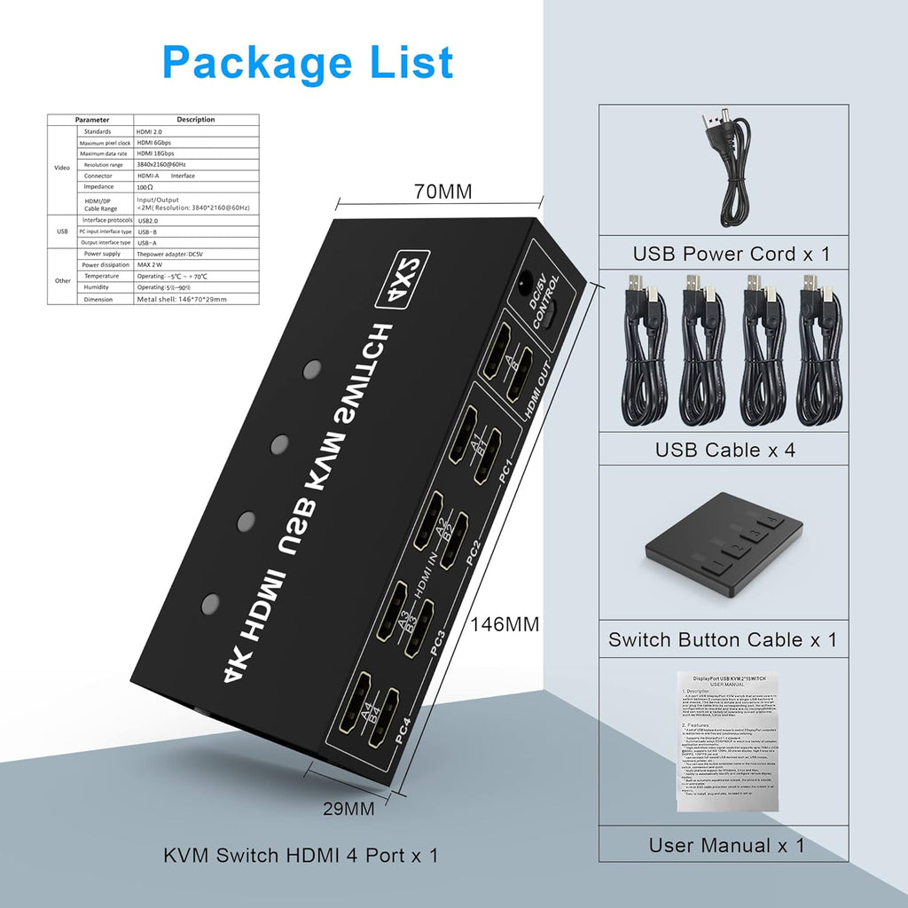 4 Port Dual Monitor HDMI KVM Switch 4K@60Hz I727496