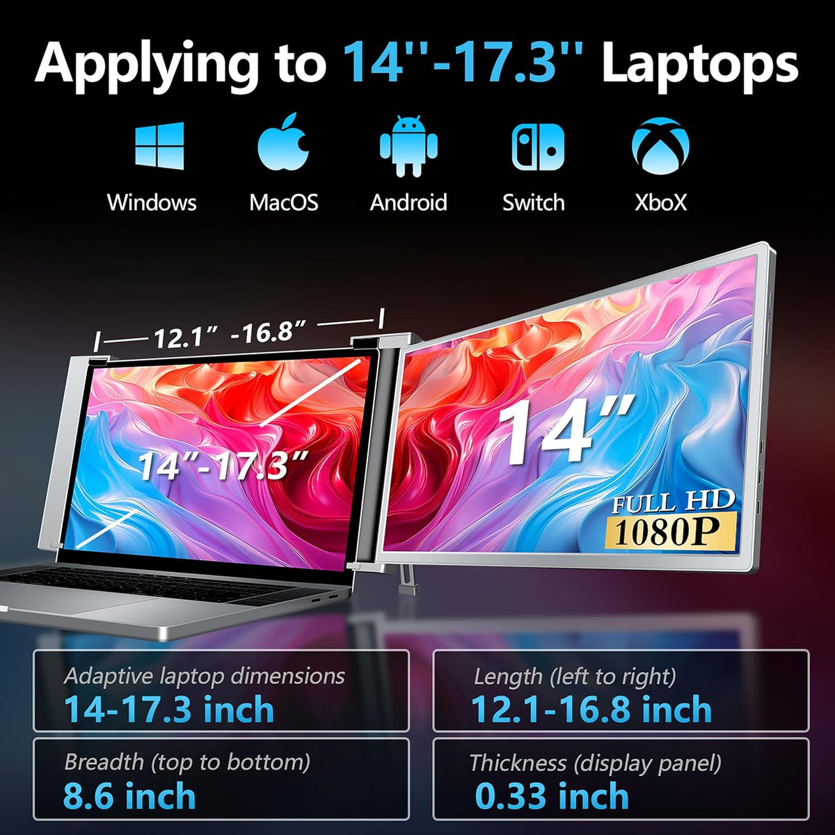 14” Dual Laptop Monitor Extender FHD 1080P IPS Portable Screen U2134