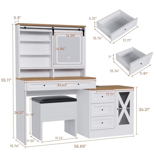 Vanity Desk with Sliding Lighted Mirror, Stool, 8 Storage Shelves, 5 Drawers, Charging Station Y6556