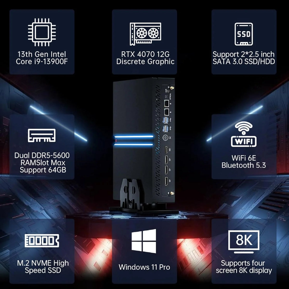 Mini Gaming PC i9-13900F GeForce RTX4070 32G DDR5 RAM 1T SSD Windows 11 Pro WiFi6E BT5.3 Q737