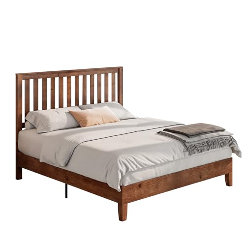 Walnut Full Size Solid Wood Platform Bed with Headboard I7654