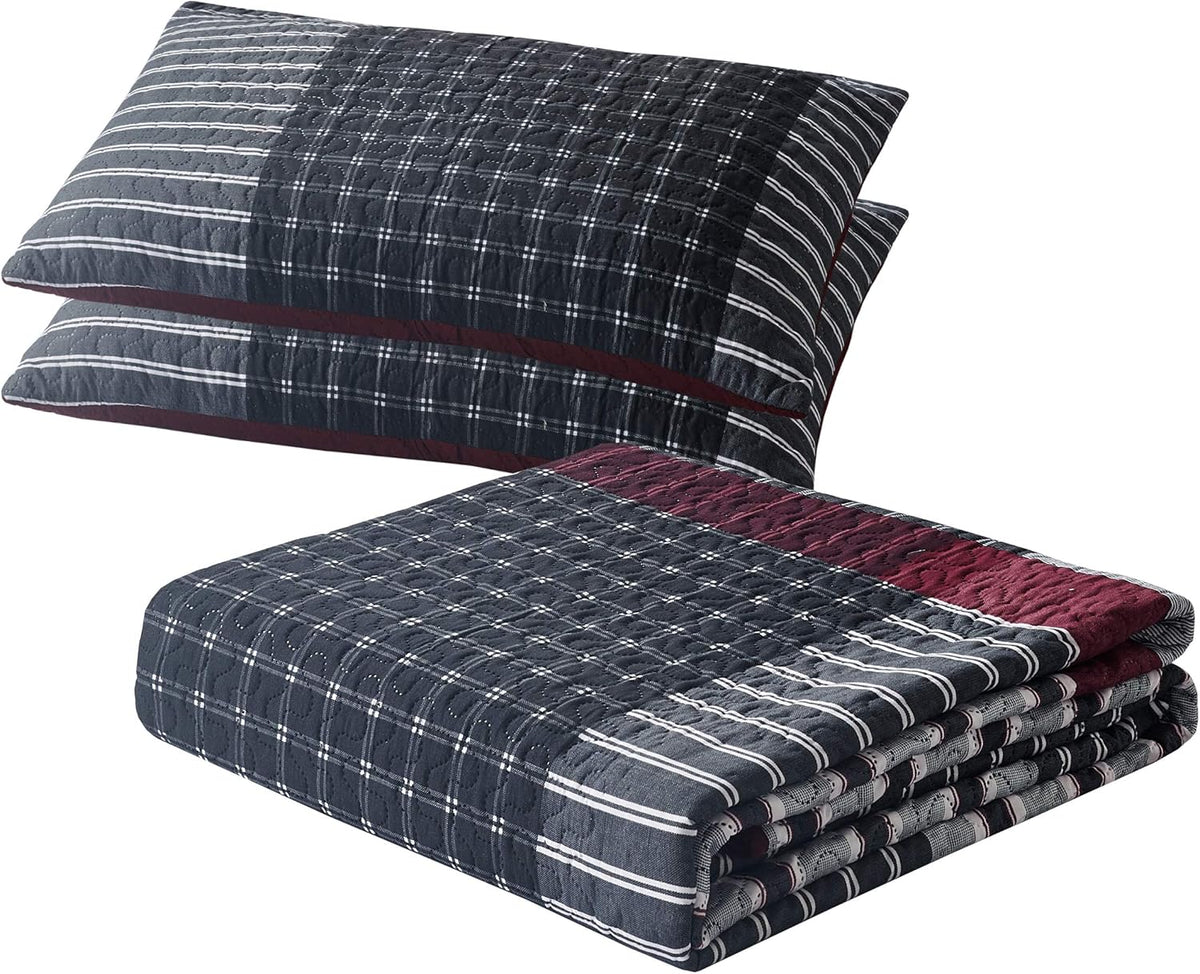 3pc Plaid Reversible Bedspread Quilt Set Full/Queen Size W7483