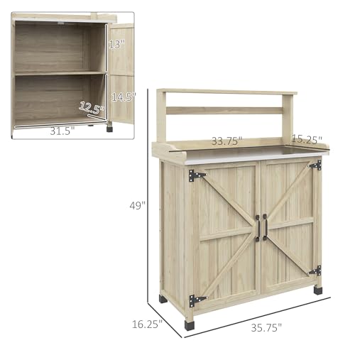 Gray Wooden Potting Table with 2 Door Cabinets and Galvanized Table Top S297