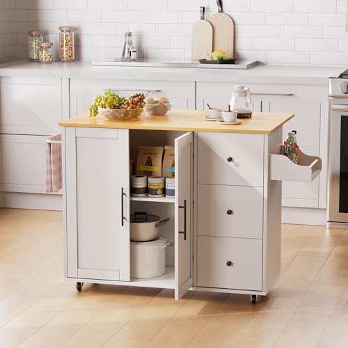 White Rolling Kitchen Island with Storage I3278