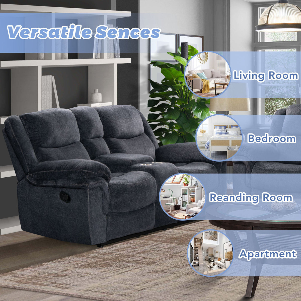 Dark Blue Manual Reclining Sofa with Storage O6886